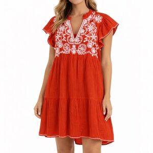 THML Anthropologie Embroidered Boho Flutter Sleeve Tiered Dress Lightweight Med